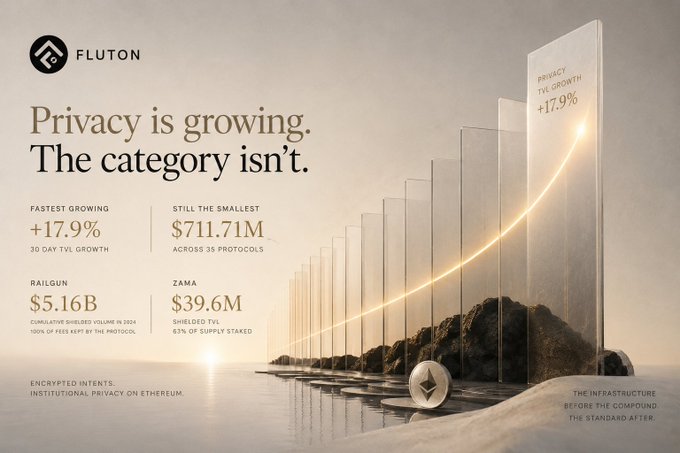 A Fluton advertisement with the headline 'Privacy is growing. The category isn't.' displaying statistics like +17.9% fastest growing TVL, $711.71M TVL across 35 protocols, and figures for Railgun and Zama, with an Ethereum logo on a coastal background.