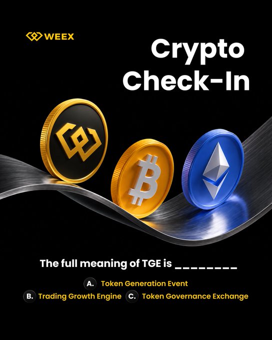 A "Crypto Check-In" quiz graphic by Weex asks "The full meaning of TGE is_______" with three options: A. Token Generation Event, B. Trading Growth Engine, and C. Token Governance Exchange, set against a black background featuring three cryptocurrency coins (BNB, Bitcoin, and Ethereum) resting on a metallic ribbon. The image serves as an interactive trivia prompt testing viewers' knowledge of crypto terminology, with the correct answer being option A.