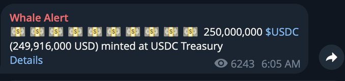 An image of a post containing an alert for $250,000 USDC. What should you do when you see this type of alert? The answer is to contact your financial institution if you have any questions or concerns about the transaction being notified.