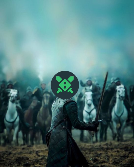 A warrior with white hair, dressed in a black leather tunic, stands holding a sword before a group of horsemen on a foggy battlefield, with a green geometric logo (Raydium) superimposed over the figure's face. The image, captioned "I fixed it for you @Raydium," appears to humorously replace the warrior's face with the Raydium cryptocurrency protocol's logo.