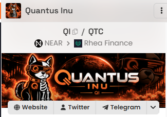 A screenshot of the Quantus Inu cryptocurrency page showing the token ticker 'QI / QTC' listed on NEAR and Rhea Finance, with social links to Website, Twitter, and Telegram.