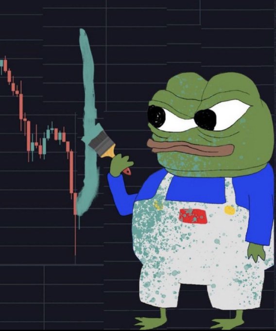 An internet meme of a sad Pepe the Frog character dressed as a painter, holding a brush in front of a bearish red and green candlestick chart.