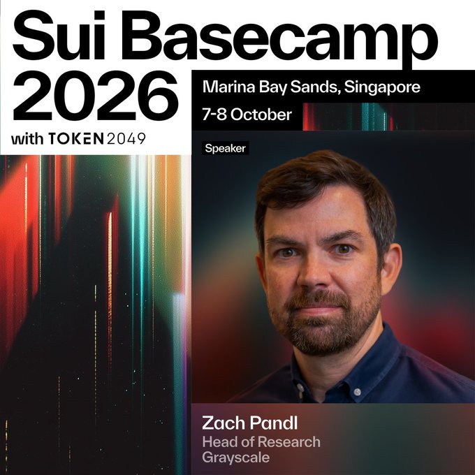 A promotional graphic for Sui Basecamp 2026 at Marina Bay Sands, Singapore (7-8 October), featuring speaker Zach Pandl, Head of Research at Grayscale.