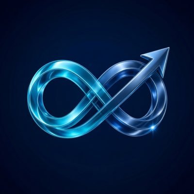 A glossy, 3D-rendered metallic infinity symbol combined with an upward arrow in a blue/teal gradient against a dark blue background.