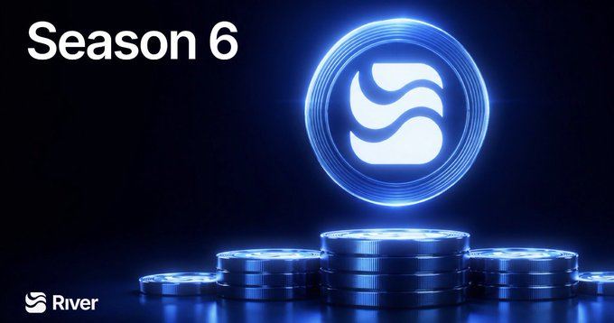 A glowing blue River logo floats above stacks of illuminated coins against a dark background, with "Season 6" displayed in bold white text in the upper left and the "River" branding at the bottom left. The image's "Season 6" text and River logo directly reinforce the post's message about the final month of River's Season 6 rewards program and the urgency to earn River Points before the September 30 deadline.