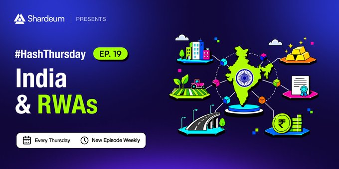 Promotional artwork for Shardeum’s “#HashThursday” Episode 19, titled “India & RWAs,” with “Every Thursday” and “New Episode Weekly” displayed at the bottom. The accompanying post highlights India’s growing real-world asset tokenization ecosystem, referencing SEBI, RBI, GIFT City, Demat 2.0, and Maharashtra’s DELTA Act, while the image visually depicts a map of India surrounded by urban, agricultural, gold, document, infrastructure, and rupee-themed illustrations.
