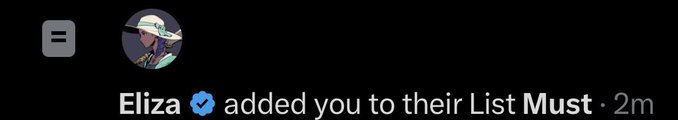 Twitter notification showing that 'Eliza ✓ added you to their List Must' with a profile picture of a character wearing a wide-brimmed hat and a hat icon.