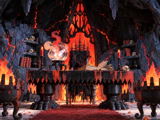 A dark fantasy scene of a gothic altar or ritual chamber inside a cave, featuring a black table with an open spellbook and a glowing crystal orb, surrounded by candles, skulls, claw-foot stands, and eerie red lighting with flames.
