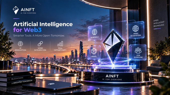 A futuristic promotional banner for 'AINFT - AI FOR EVERYONE' advertising 'Artificial Intelligence for Web3' with icons representing innovation, web integration, real opportunity, AI models, web3 ecosystem, and community.