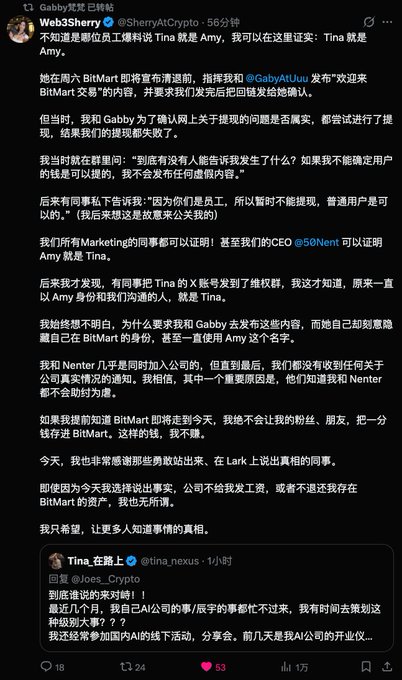 A screenshot of a Chinese social media thread where Web3Sherry (@SherryAltCrypto) publicly calls out an anonymous employee "Tina" (Amy) for allegedly spreading rumors about her layoff, with BitMart (@GabyAtLuu) expected to publish a clarification and CEO @50Nent set to confirm Amy's identity. The post highlights how Web3 anonymity enables multiple identities but creates high trust costs, especially around sensitive corporate events like layoffs.