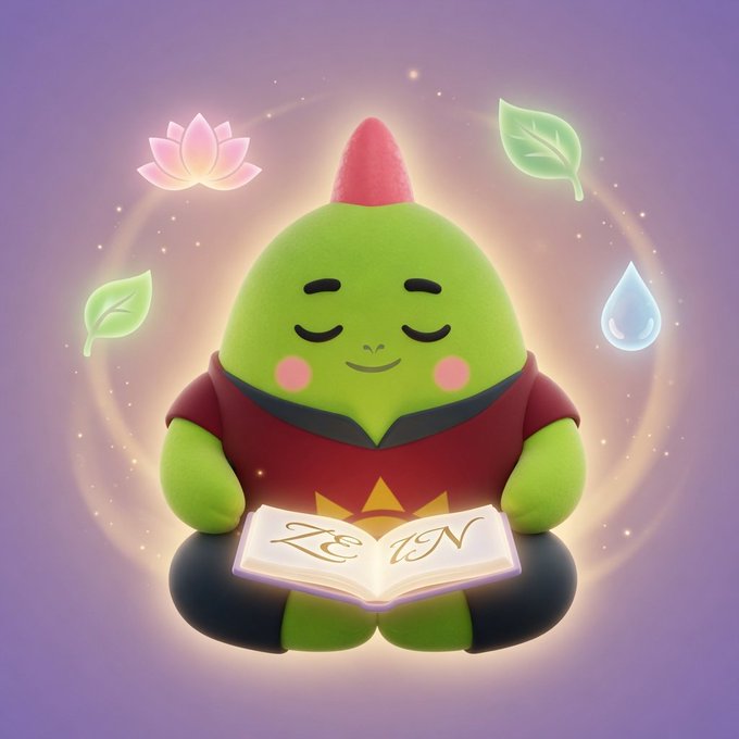 The image features a green stuffed animal, likely a frog or a turtle, sitting with its eyes closed while reading an open book titled "Zen" as if it were meditating. The scene takes place against a purple background, which adds depth and contrast to the illustration. The overall composition of the image suggests that Zen is being promoted in a creative and playful manner, possibly for promoting mindfulness or relaxation techniques among children.
