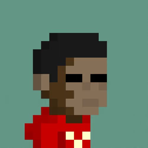 The image features a pixelated, low-resolution portrait of a character with brown skin, wearing a red shirt, set against a teal background. This pixel art style aligns with the post announcing the sale of "Re:Generates #4277," a generative NFT artwork sold for 0.057 ETH on a platform tracked by sweepr.