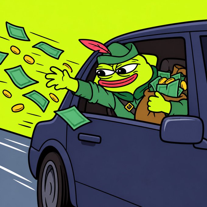 A cartoon illustration of a green-skinned, grinning character dressed as Robin Hood leans out of a dark car window, throwing a bag of gold coins and scattering green dollar bills into the air.