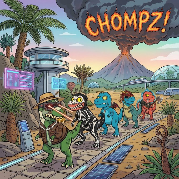 A colorful cartoon illustration titled 'CHOMPZ!' shows various anthropomorphic dinosaurs and characters, including one wearing laser sunglasses, standing in a prehistoric-futuristic landscape with an erupting volcano.