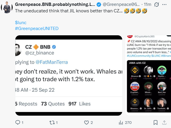 A tweet from @Greenpeace06 shares a screenshot of CZ Binance's September 2022 tweet warning that a 1.2% tax on LUNC wouldn't work because whales would trade elsewhere, using the post to argue "uneducated" users wrongly side with CZ over the Greenpeace validator on the LUNC tax debate.