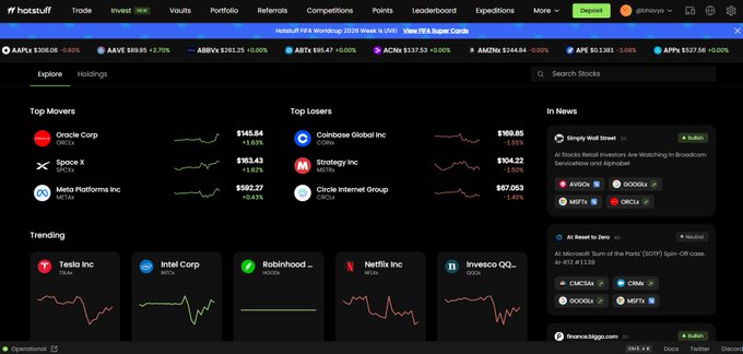 A screenshot of the HotStuff.fi crypto trading platform dashboard displaying top movers (Oracle Corp, SpaceX, Meta Platforms), top losers, and trending stocks.
