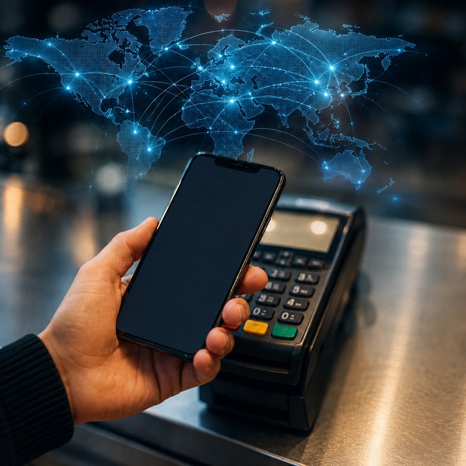 A hand holds a smartphone over a payment terminal, with a digital blue world map projected above suggesting global connectivity.