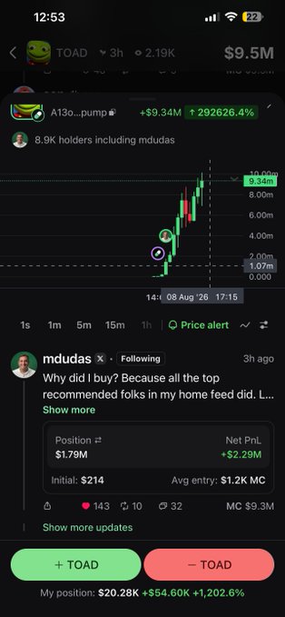 The image shows a Pump.fun trading app screen displaying a chart for the "$TOAD" meme token, which surged +292,626.4% to a $9.34M market cap, with a post from "mdudas" (Mike Dudas) titled "Why did I buy?" showing a position of $1.79M with +$2.29M net profit. This aligns with the accompanying text about getting a Pumpfun alert that Mike Dudas purchased a meme token, leading to a profitable trade.