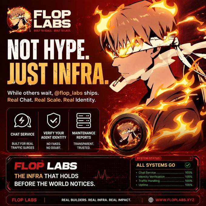 A promotional graphic for Flop Labs featuring an anime character engulfed in flames with the tagline 'NOT HYPE. JUST INFRA.' advertising chat service, agent identity verification, and maintenance reports, with system status showing 100% across all metrics at www.floplabs.xyz.