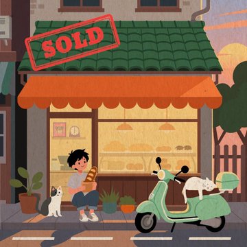 A pixel art scene of a bakery or shop with a green tiled roof, featuring a "SOLD" sign, a boy sitting with a cat, and a white cat riding a green scooter.