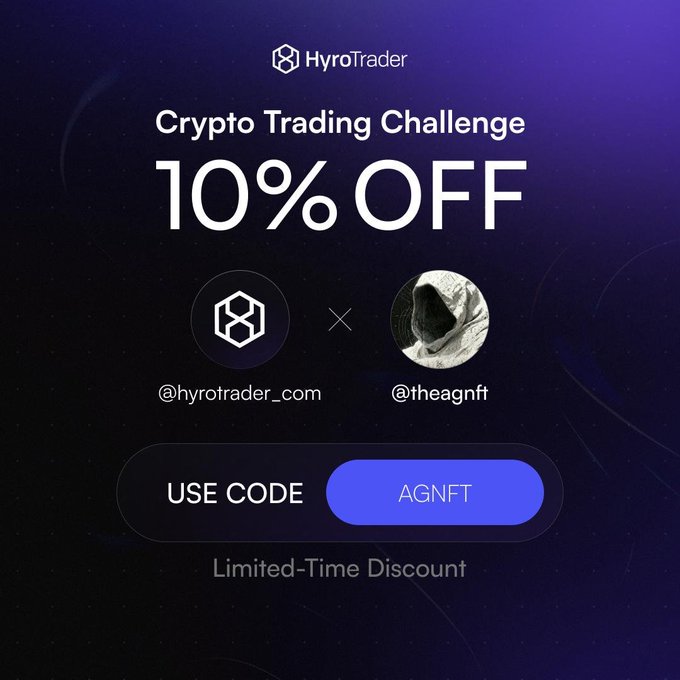An advertisement for 'HyroTrader' offers a '10% OFF' discount code 'AGNFT' for a Crypto Trading Challenge, featuring @hyrotrader_com and @theagnft.