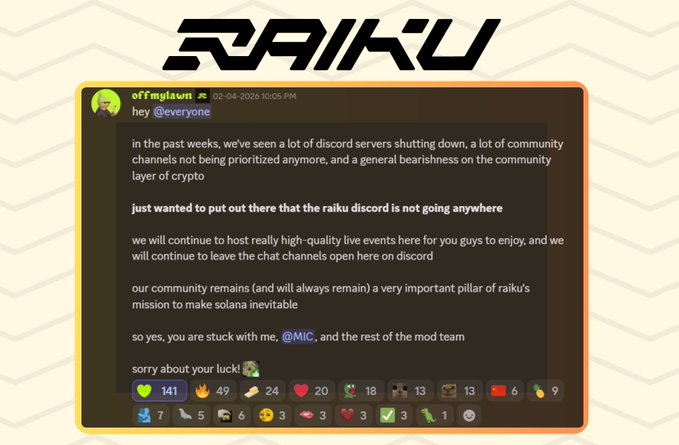 A screenshot of a Discord message from 'offmylawn' in the RAIKU server, reassuring the community that the Discord will continue hosting high-quality live events to support Solana's mission.