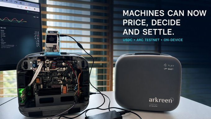 Two physical devices face each other on a desk—one an exposed-circuit board with a mounted camera, the other a sleek black "arkreen"-branded enclosure—exchanging data as headline text declares "MACHINES CAN NOW PRICE, DECIDE AND SETTLE" on USDC, ARC testnet, and on-device, illustrating Tlay's demonstration of an autonomous agent-to-agent payment loop with no humans involved.