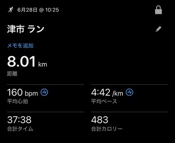 A fitness app screenshot displays a completed run on June 28 at 10:25 AM, showing a distance of 8.01 km, average heart rate of 160 bpm, average pace of 4:42/km, total time of 37:38, and 483 calories burned. This matches the post's 8km run mention, where the runner stopped early after realizing they forgot sunscreen, planning to resume around 1 PM to complete a 21km STEPN challenge.