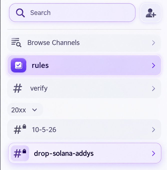 A Discord interface screenshot showing a navigation menu with options including Browse Channels, "rules," "verify," and a "20xx" category containing channels "# 10-5-26" and "# drop-solana-addys," illustrating the Discord server where members submit their Solana wallet addresses as referenced in the 20XX post.