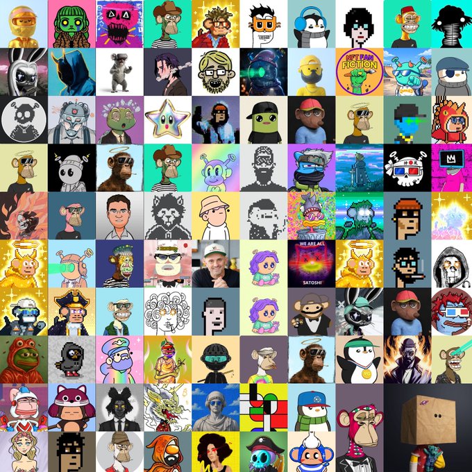 A collage grid of dozens of colorful NFT-style profile pictures, featuring cartoon monkeys, astronauts, pixel art characters, and various crypto community avatars.