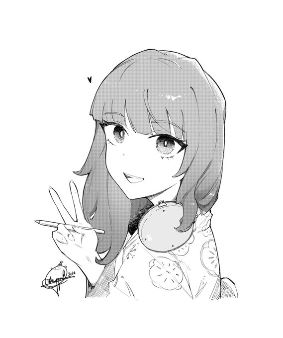 A black and white anime-style illustration of a girl with shoulder-length hair, holding up a peace sign and a pencil, with a small signature in the bottom left.
