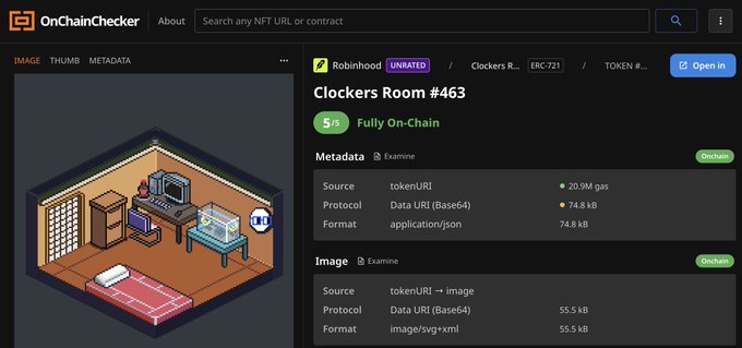 A screenshot from OnChainChecker displaying NFT details for "Clockers Room #463" on the Robinhood (ERC-721) network, showing an isometric pixel-art room with furniture. The metadata indicates the image is fully on-chain via tokenURI, using Base64-encoded SVG+XML, supporting the user's curiosity about why the Clockers Room collection hasn't minted out despite its appealing on-chain isometric artwork.