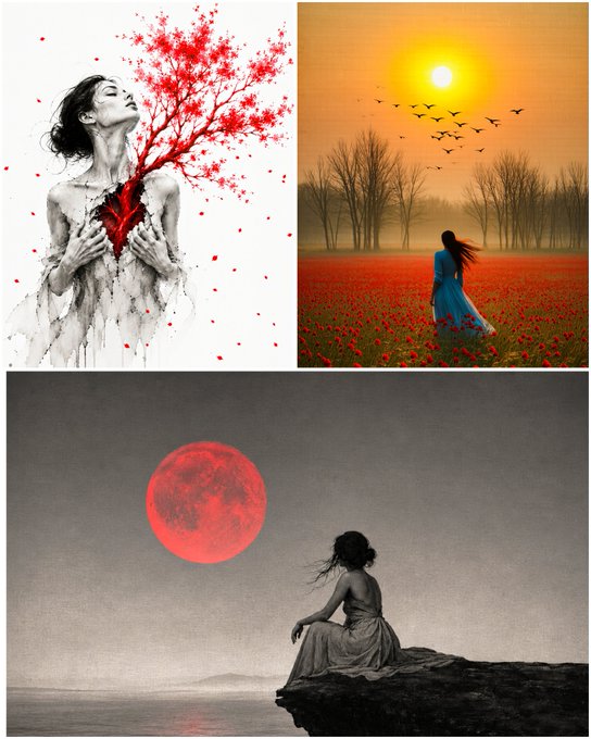A collage of three surreal artworks depicts a woman with a red tree growing from her chest, a figure in a blue dress in a poppy field at sunset, and a woman seated on a cliff beneath a crimson moon.