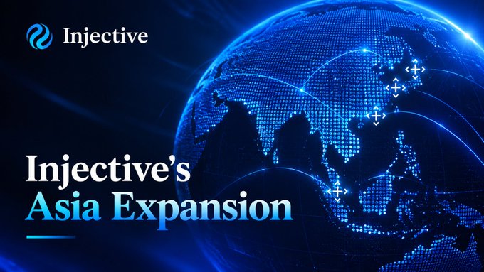 A digital graphic featuring a glowing blue globe with connection lines and crosshairs, displaying the logo 'Injective' and the title 'Injective's Asia Expansion'.