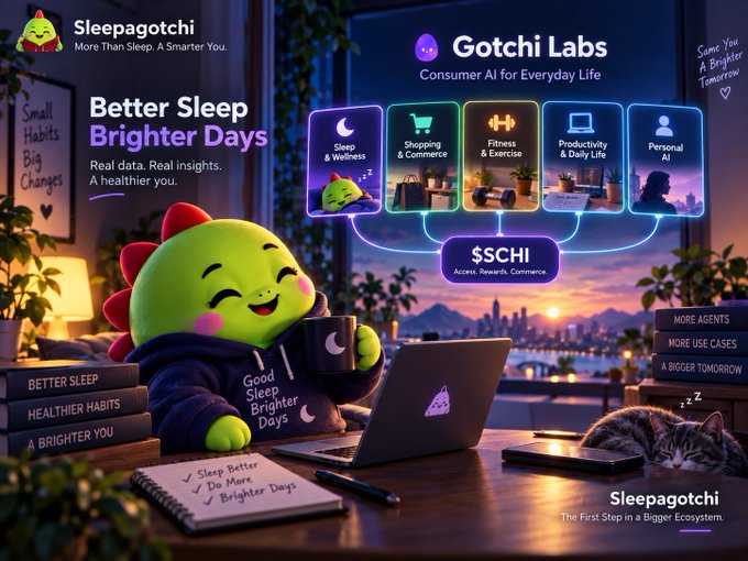 A promotional graphic for 'Sleepagotchi' featuring a green cartoon dinosaur mascot with text 'Better Sleep Brighter Days' and 'Gotchi Labs - Consumer AI for Everyday Life', alongside icons for 'Sleep & Wellness', 'Shopping & Commerce', 'Fitness & Exercise', 'Productivity & Daily Life', and 'Personal AI'.