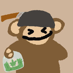 A crude MS Paint-style drawing of a brown monkey-like figure wearing a black cap, holding a green leafy object, with a bloody knife visible in the background.