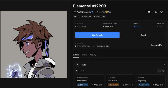 An OpenSea NFT listing page for 'Elemental #12203' from the Azuki Elementals collection priced at 0.175 ETH, showing traits like Tech Jacket and Off White D background.