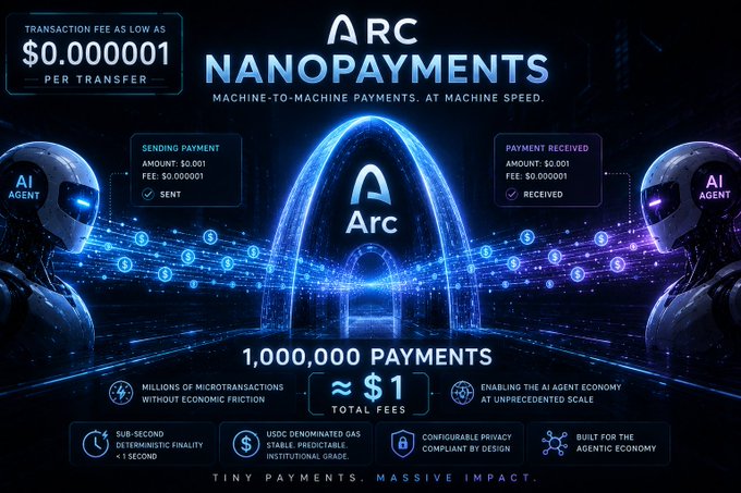 An advertisement for Arc Nanopayments shows two AI agents conducting a machine-to-machine transaction, highlighting a transaction fee as low as $0.000001 and 1,000,000 payments for approximately $1 in total fees.