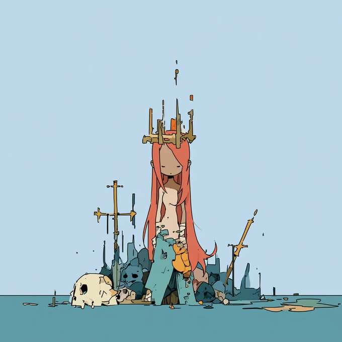 A stylized illustration of a red-haired anime-style character with closed eyes emerging from water, surrounded by skulls, swords, and rocky formations.