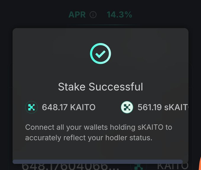 The image shows a "Stake Successful" notification for 648.17 KAITO, converting to 561.19 sKAIT. This directly relates to the post about staking $KAITO.
