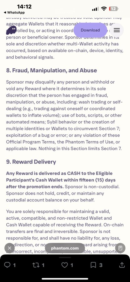 A mobile screenshot of Phantom.com official program terms viewed via WhatsApp, showing sections '8. Fraud, Manipulation, and Abuse' and '9. Reward Delivery' which states rewards are delivered as cash within 15 days.