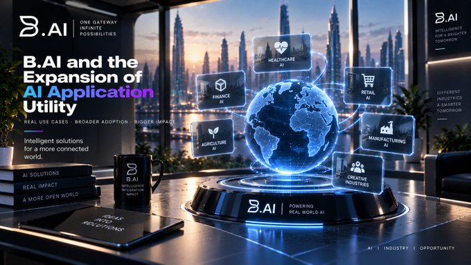 A futuristic promotional graphic for 'B.AI' titled 'B.AI and the Expansion of AI Application Utility' with subtext 'Intelligent solutions for a more connected world,' showing a glowing holographic globe connected to sectors like Healthcare, Finance, Agriculture, Retail AI, Manufacturing AI, and Creative Industries.