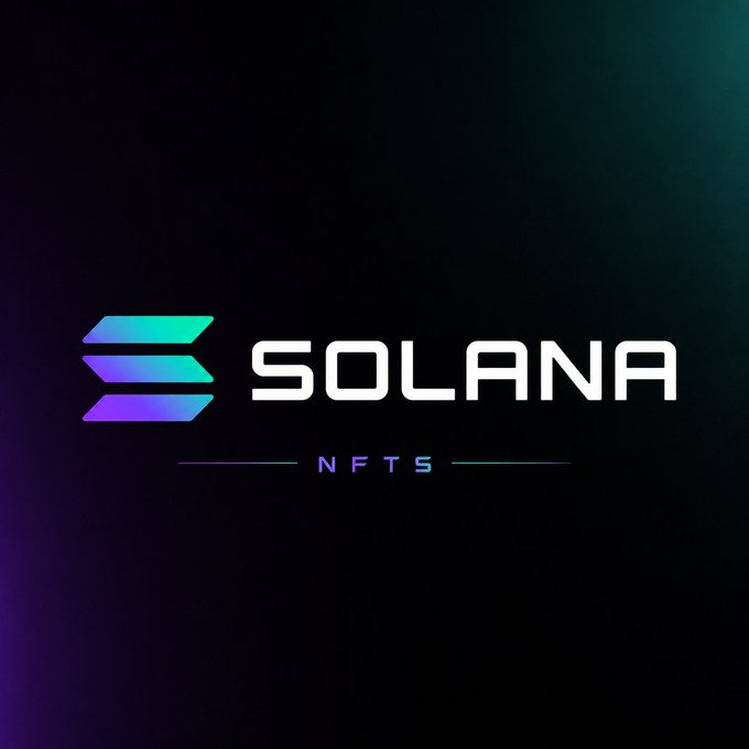 A digital graphic features the 'SOLANA' logo in white text alongside its gradient teal-to-purple three-bar symbol, with the word 'NFTS' written below on a dark background.