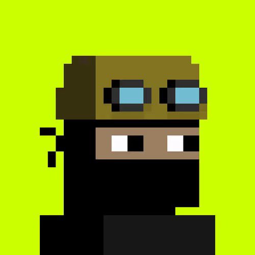 A simple pixel-art character on a lime green background, depicting a figure with a brown hat, cyan sunglasses, and a black outfit with white teeth.