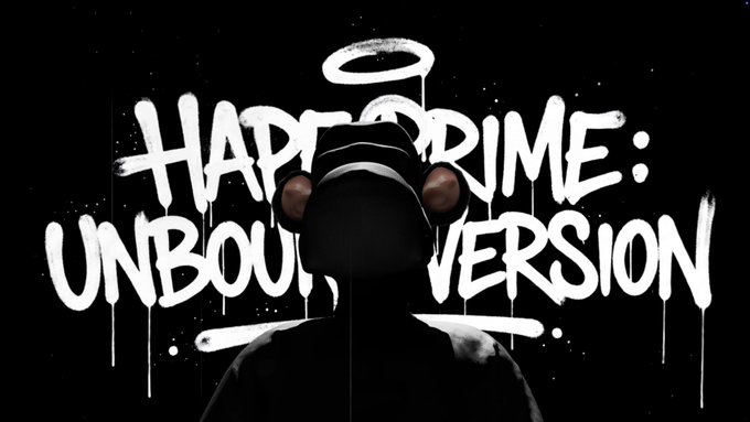 The image shows a dark, graffiti-style graphic with a hooded figure wearing a gas mask and a halo, set against a black background. Bold white spray-painted text reads "HAPE PRIME: UNBOUND VERSION" with dripping paint effects, visually reinforcing the cryptic airdrop announcement about the upcoming HAPE: UNBOUND release.