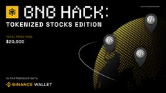 Promotional graphic for "BNB HACK: Tokenized Stocks Edition" event (Binance Wallet), displaying a $20,000 total prize pool, aligning with the post's announcement of "Roost," an AI-powered trading platform for tokenized stocks built on BNB Chain.