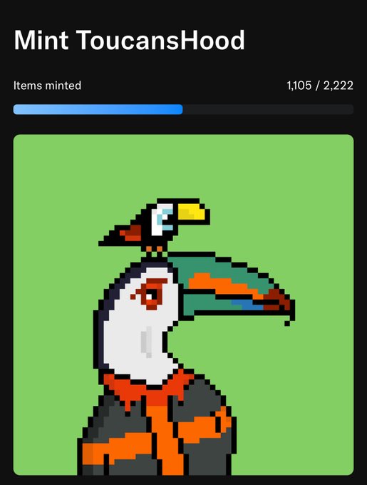 A digital collectible mint page titled "Mint ToucansHood" showing 1,105/2,222 items minted, featuring pixel art of a colorful toucan with green, orange, and red plumage on a bright green background.