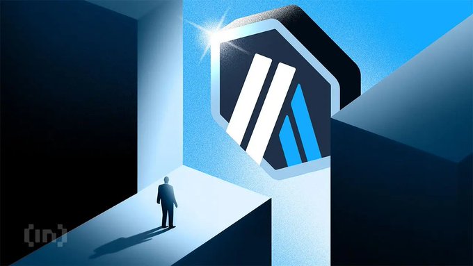 The image features a lone silhouetted figure standing on a platform, gazing up at a glowing shield bearing the "ARB" logo of Arbitrum, framed by towering dark walls that emphasize the scale and importance of the network. This visual metaphor captures the post's theme of major milestones for $ARB, as Robinhood Chain committing 10% of its fees back to the Arbitrum DAO represents a significant institutional endorsement for the network's long-term growth.