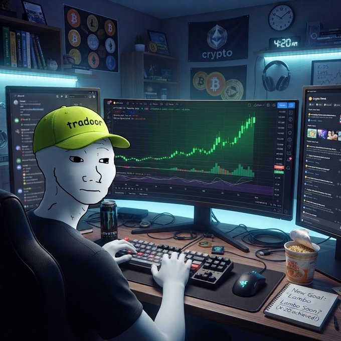 An illustrated crypto trader wearing a "tradoor" cap trades in front of monitors displaying a green BTC/USD chart at 4:20 AM, surrounded by a Monster can, ramen, and a "New Goal: Lambo" sticky note—mirroring the post's $TRADOOR giveaway aimed at active crypto followers.
