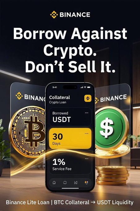 This Binance promotional image advertises the "Lite Loan" crypto-backed borrowing service with the headline "Borrow Against Crypto. Don't Sell It." The smartphone mockup displays a collateral crypto loan interface showing 30 borrowed USDT with a 30-day term and 1% service fee, flanked by Bitcoin and dollar coin graphics, while the bottom banner confirms "Binance Lite Loan | BTC Collateral → USDT Liquidity"—directly illustrating the post's key terms of using BTC as collateral to borrow USDT for a 30-day fixed term at a 1% upfront fee.